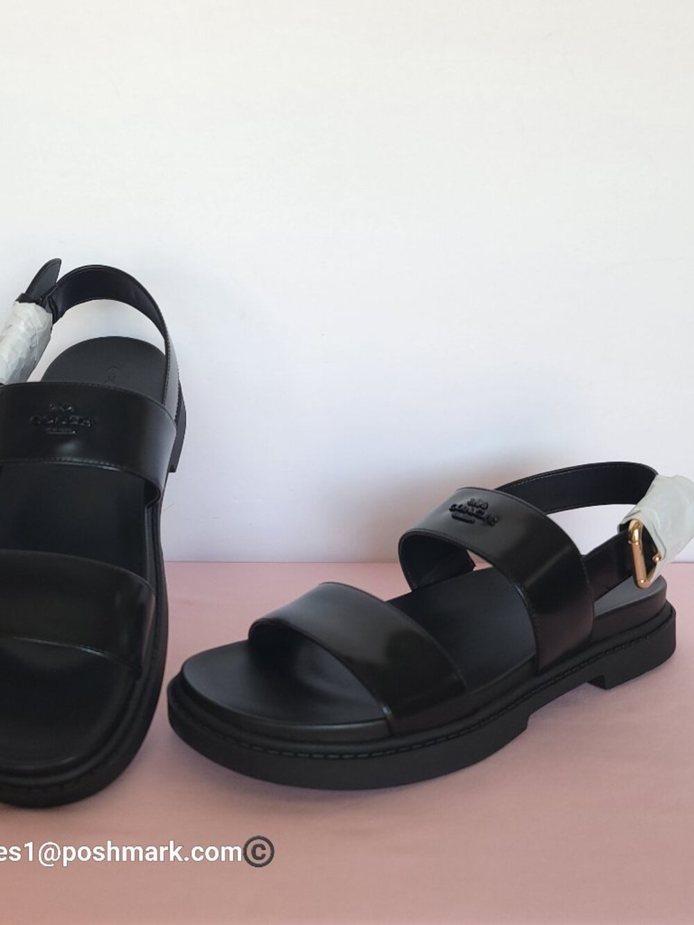 COACH Lockup Two Band Spazzolato Leather Sandals - Black color. Women's US 8.5B⭐ - Picture 5 of 16